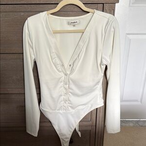 White Fitted Long Sleeve Bodysuit with Deep V-Neckline